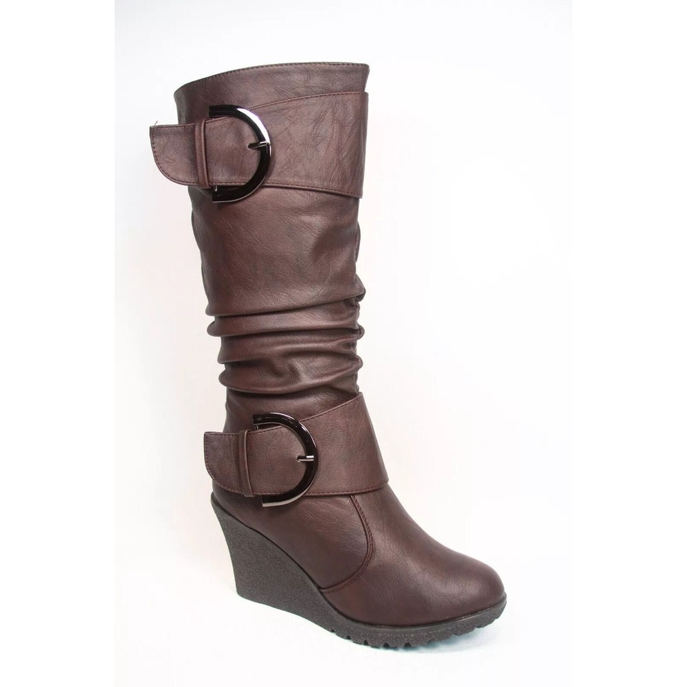 Top Moda Pure-65 Round Toe Slouch Buckle Wedge Mid Calf Boots - Brown - Sz 10